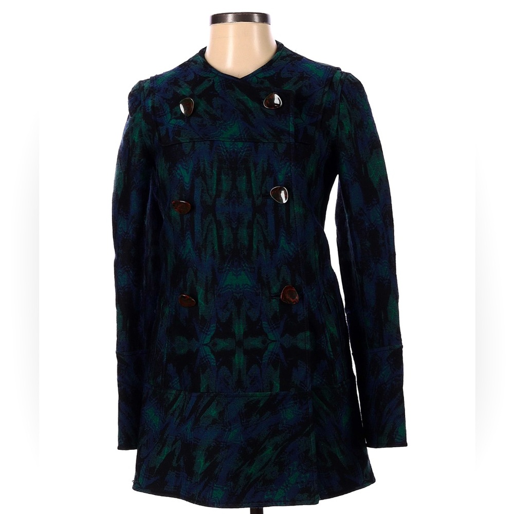 Proenza Schouler Multicolored Abstract Black, Blue, and Green Wool Coat Size M